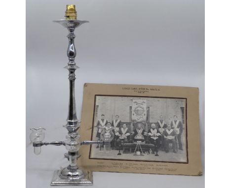Masonic presentation lamp, silver-plated with electric light fitting, baluster column with four glass rose holders, the squar