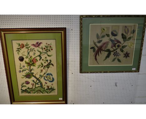 Two framed early-mid 20th century needleworks - the first showing a long-tailed bird in flowering branch (49cm x 44cm), glaze