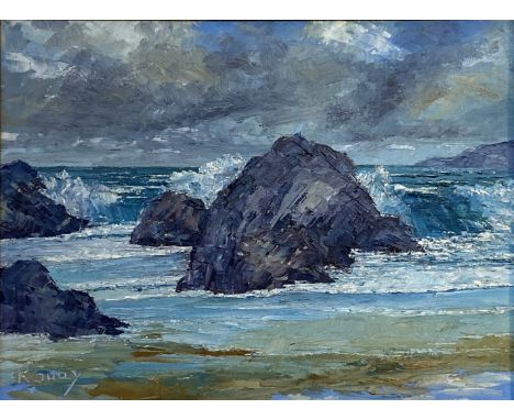 K Shuy - rocky shore, oil on board, signed lower left, (29.5cm x 39cm), in a decoratively moulded frame
