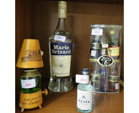 Marie Brizard anisette liqueur, 1 litre, (one bottle); a Marie Brizard gift pack of six liqueur miniatures; a Reyka Iceland v