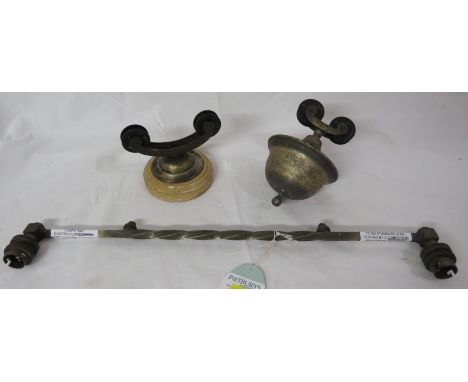 Antique fittings for a two-bulb electric rise and fall light, a bar (length 53cm) with bulb fitting to each end, terminal and