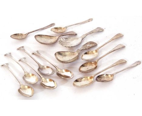 Mixed Lot: Victorian silver caddy spoon, London 1860, Henry Holland; three Old English feather edged tea spoons, Sheffield 19