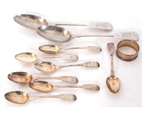 Mixed Lot: pair of Victorian Fiddle pattern serving spoons, London 1892, Aldwinckle &amp; Slater, foiur Georgian Fiddle patte