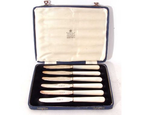 Cased set of six Elizabeth II mother of pearl handled and silver bladed cake or butter knives, each 15cm long, Sheffield 1960