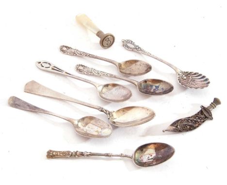 Mixed Lot: six various silver tea spoons to include Georgian shell back, Victorian tea spoon and four others, together with a