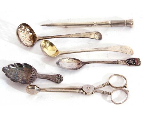 Mixed Lot: George IV silver caddy leaf spoon, Birmingham 1822, a pair of Victorian silver sugar nips, London 1893, maker's ma