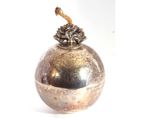 George V spherical 'grenade' table lighter with push in flame finial, London 1912, makers mark William Comyns &amp; Sons (a/f