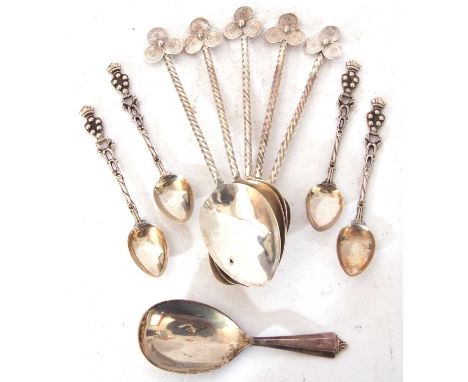 Cased set of six Elizabeth II fruit spoons in Art Deco taste with stylised handles and egg shaped bowls, Sheffield 1958 by Co