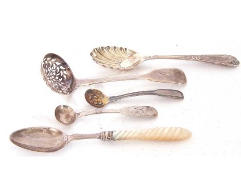 Mixed Lot: George III silver Fiddle pattern sifter spoon, London 1810, a Victorian preserve spoon with mother of pearl carved