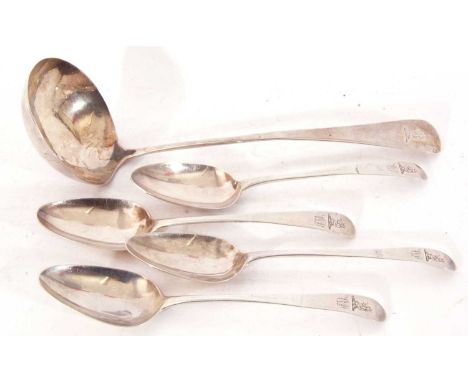 Mixed Lot: four George III Old English pattern silver table spoons, engraved with initials and crest, London 1785, Hester Bat