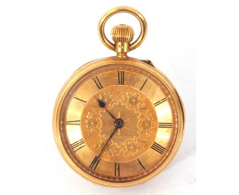 Ladies last quarter of 19th century hallmarked 18ct gold cased large fob watch, black steel hands to an engraved gilded dial 