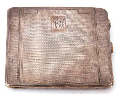 Art Deco silver cigarette case, engine turned decoration with engraved monogram to front, push clasp and thumb piece opening 