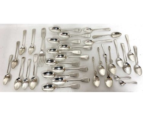 Heavy mixed lot: two sets of five Victorian Fiddle pattern tea spoons, London, 1857 by two makers, a set of eleven Old Englis