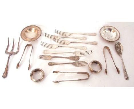 Group of assorted hallmarked silver items including a set of four Victorian Scottish silver dessert forks in Old English patt