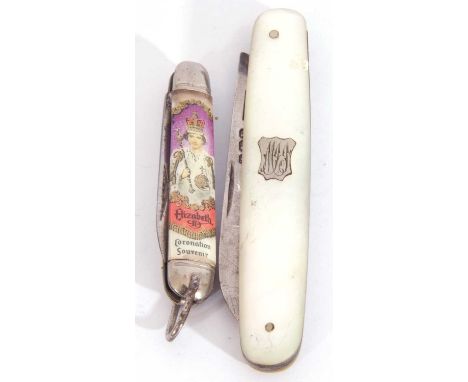 Mixed Lot: silver and mother of pearl folding fruit knife, the handle insert with a monogrammed cartouche, the blade Sheffiel