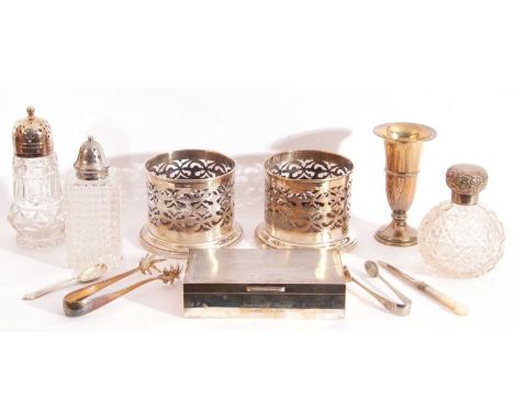 Mixed Lot: hallmarked silver table cigarette box, engine turned decoration, presentation engraved; a silver vase, Birmingham 