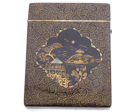 Antique papier mache card case with hinged lid, elaborately decorated both sides in gilt swirls/scrolls around a pagoda scene