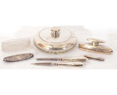 Mixed Lot: group of silver mounted dressing table items including circular powder bowl with cut glass base and detachable lid