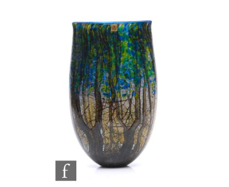 A contemporary Timothy Harris for Isle of Wight studio glass fish Undercliff Day vase, of elongated flattened ovoid form, tra