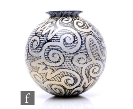 A contemporary Isle of Wight studio glass Jazz Novo vase, designed by Timothy Harris, of globe form, cream opaque geometric d