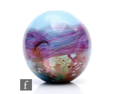A contemporary Jonathon Harris studio glass purple Coalport on Seven vase, of globe form, decorated with a stylised river lan