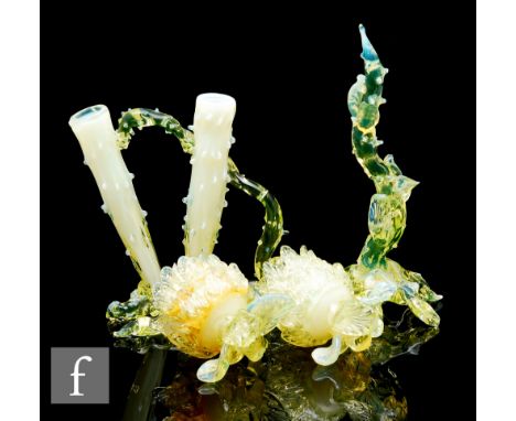 A late 19th Century John Walsh Walsh straw opal rustic bud vase, twin flared tubular flower holders united by contorted branc