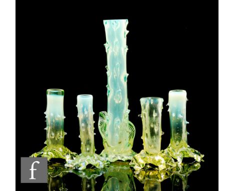 A pair of John Walsh Walsh straw opal rustic bud vases, of&nbsp; tubular thorned form on tree route base, and three similar, 