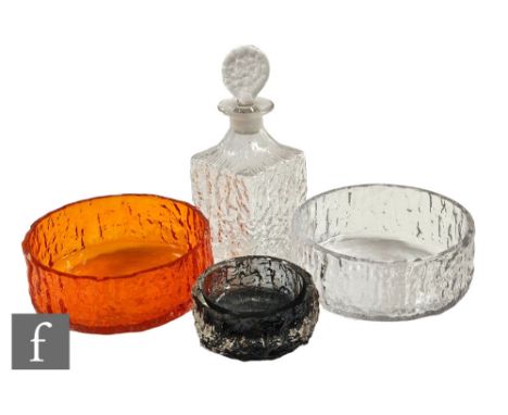 A 20th Century Geoffrey Baxter for Whitefriars textured range Bark fruit bowl, in tangerine, diameter 20cm, another clear gla