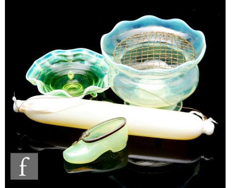 A late 19th Century Stourbridge straw opal rose bowl, of squat baluster form with flared lobed rim, on short knopped stem and