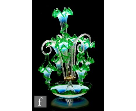 A late 19th Century Stourbridge epergne, the wide frill rim bowl with tall central trumpet with moulded angular crimped rim, 