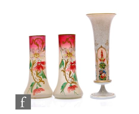 A 19th Century Bohemian opaque glass vase, of trumpet form on angular knopped stem and circular foot, enamelled flowers withi