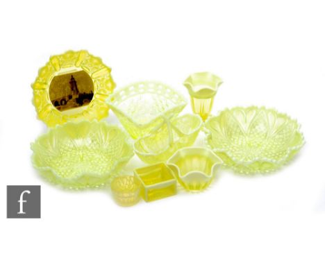 A collection of late 19th Century North East pressed pearline glass&nbsp;including Davidsons Primrose Opal, comprising a pair