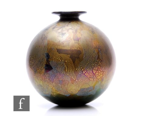 A 20th Century&nbsp;Michael Harris for Isle of Wight Black Azurene vase of globe form, with gold and silver leaf over an ink 
