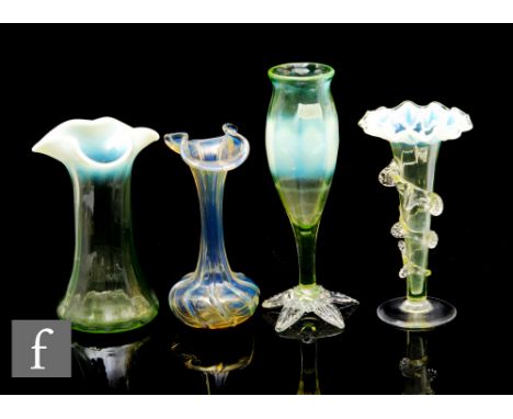 A late 19th Century Stourbridge straw opal vase cylindrical optical moulded form with tricorn rim, a stemmed vase of elongate