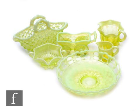 A collection of late 19th Century North East pressed pearline glassware, including a Davidsons Primrose Opal Lady Caroline ju