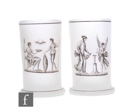 A pair of 19th Century Richards Etruscan posy vases of footed sleeve form, each with vitrified enamel decoration of classical