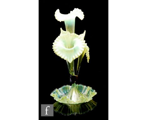 A late 19th Century Stourbridge straw opal epergne, with frill rim dish supporting central trumpet with undulating crimped ri