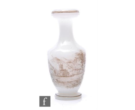 A 19th Century Richardsons Vitrified Enamel decorated vase of footed shouldered ovoid form with drawn collar neck, enamelled 