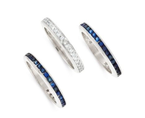 A TRIO OF SAPPHIRE AND DIAMOND ETERNITY BAND RINGS, H STERN in 18ct white gold, one set half way around with a row of round c