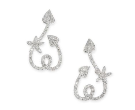 A PAIR OF DIAMOND EARRINGS in 18ct white gold, set with arrow, star and heart motifs, set with round cut diamonds, stamped 75