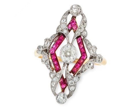 AN ART DECO DIAMOND AND RUBY DRESS RING, EARLY 20TH CENTURY set with a principal old cut diamond within geometric and styled 