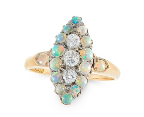 AN ANTIQUE DIAMOND AND OPAL DRESS RING, CIRCA 1900 in 18ct yellow gold, the navette face set with a trio of graduated old cut