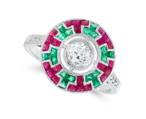 A DIAMOND, RUBY AND EMERALD TARGET RING in 18ct white gold, set with an old cut diamond of 0.40 carats within a geometric bor