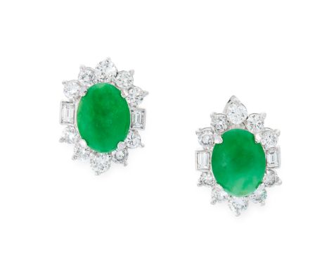 A PAIR OF NATURAL JADEITE JADE AND DIAMOND EARRINGS, LARRY each set with an oval cabochon jadeite, both totalling 4.0 carats,