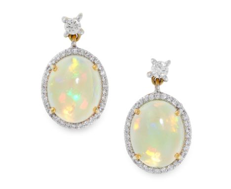 A PAIR OF OPAL AND DIAMOND DROP EARRINGS each set with a round cut diamond suspending a cabochon opal in a border of further 