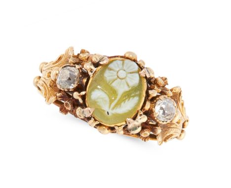 AN ANTIQUE HARDSTONE CAMEO AND DIAMOND DRESS RING, 19TH CENTURY in yellow gold, set with an oval carved green hardstone cameo