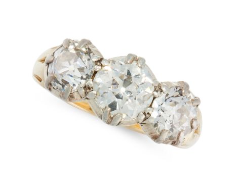 AN ANTIQUE DIAMOND DRESS RING in yellow gold and silver, set with a trio of graduated old cut diamonds, of 1.03, 0.75 and 0.6
