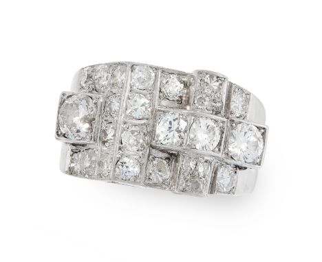 A RETRO DIAMOND COCKTAIL RING CIRCA 1945 the tapering band of geometric design, set with round cut diamonds, all totalling 2.