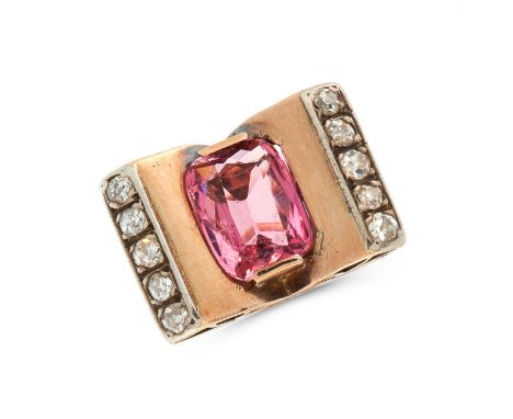 A RETRO PINK TOURMALINE AND DIAMOND DRESS RING in 18ct yellow gold, set with a cushion cut pink tourmaline of 2.57 carats, ac