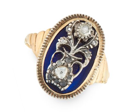 AN ANTIQUE DIAMOND AND BLUE GLASS DRESS RING, 19TH CENTURY in yellow gold and silver, the oval face set with a panel of Brist